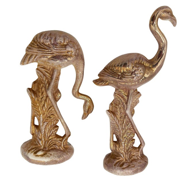 Mid-century speckled gold "Lovers" ceramic flamingo tabletop sculpture, part of a matching His and Her set. The set...