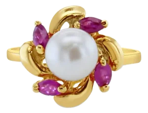 Pearl Center with Marquise Ruby Accent Ring 14k Yellow Gold, Size 9