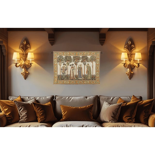 Based on a 15th-century fresco by Giacomo Jaquerio, this tapestry captures a scene from the great hall of Castello della...