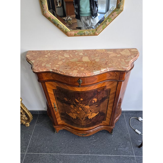 Curved Dresser in Floral Marquetry with Marble Top, 1950s For Sale - Image 13 of 16