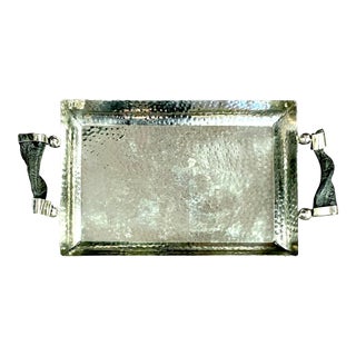 Hammered Silver Tone Tray With Horn Handles For Sale