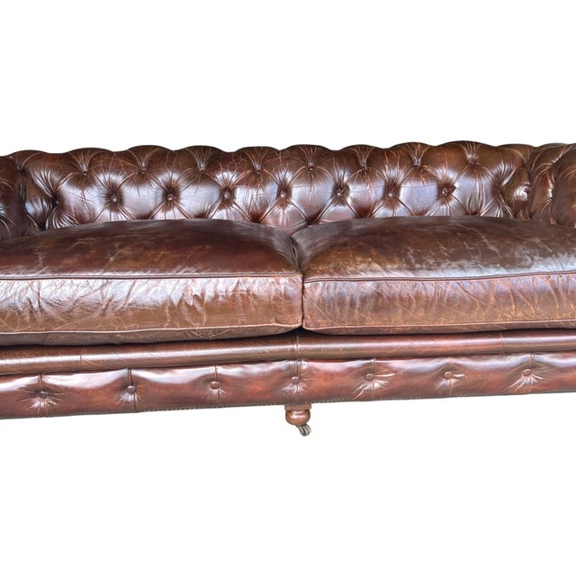 Restoration Hardware Chesterfield Cognac Leather Sofa With Brass Nailhead & Casters For Sale - Image 16 of 18