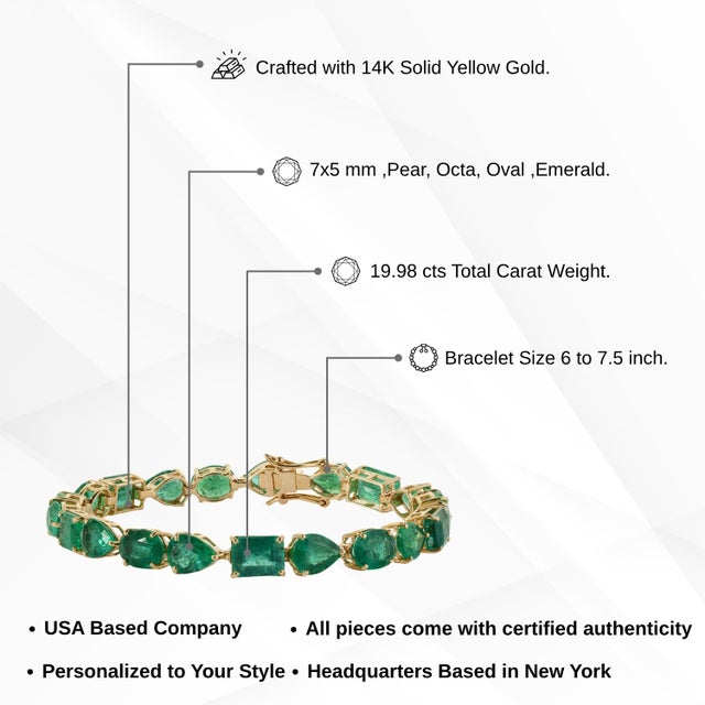19.98ct Mix-Cut Natural Zambian Emerald Statement Bracelet in 14k Yellow Gold For Sale - Image 12 of 17