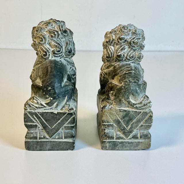 Dark Gray 1970s Vintage Chinoiserie Boho Chic Hand Carved Granite Foo Dogs Sculptures - A Pair For Sale - Image 8 of 11