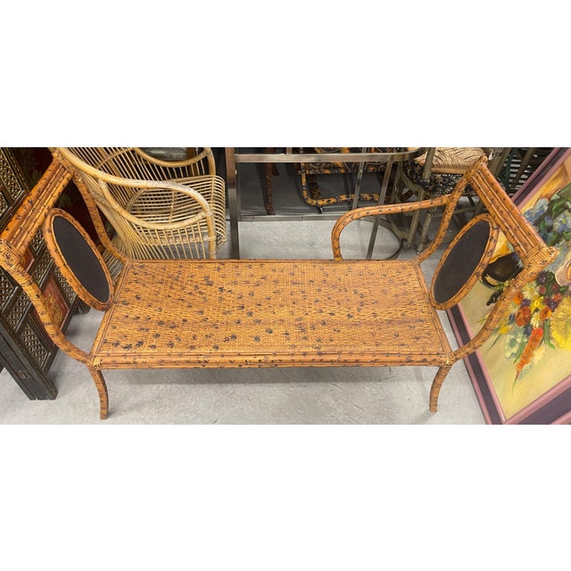 Mid-Century Bohemian Burnt Rattan Daybed Bench With Authentic Hand-Woven Cane Seat For Sale - Image 4 of 18