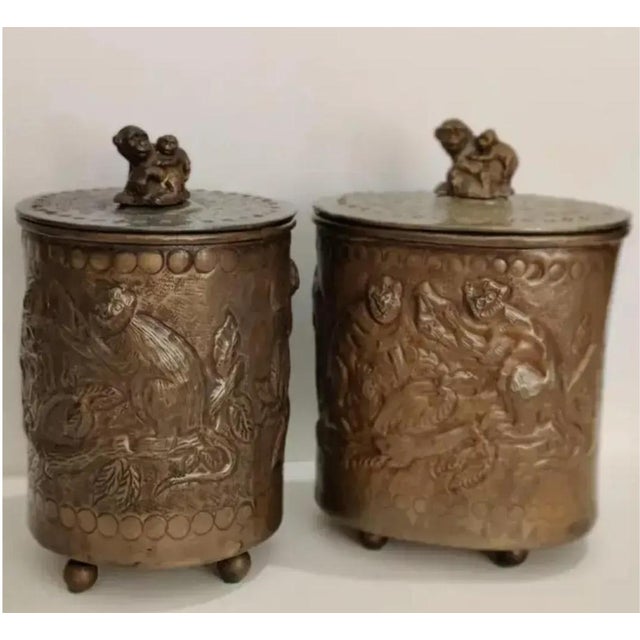 For your consideration. . . A vintage pair of whimsical ornate Monkey Canisters. These fabulous canisters or Monkey Boxes...