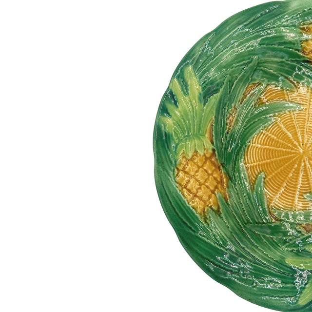 Victorian A George Jones Majolica Pineapples on Basketweave Plate, English, Ca. 1870 For Sale - Image 3 of 7