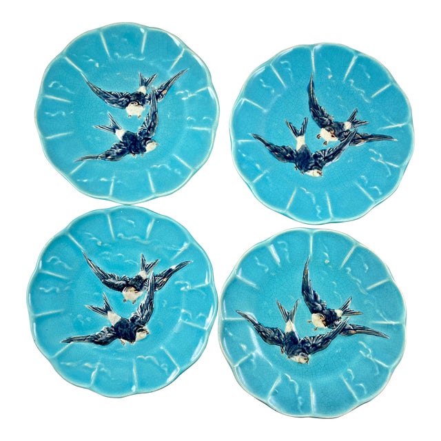 19th Century Sarreguemines French Majolica Turquoise Swallow Plates, Set of Four For Sale