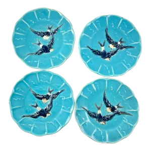19th Century Sarreguemines French Majolica Turquoise Swallow Plates, Set of Four