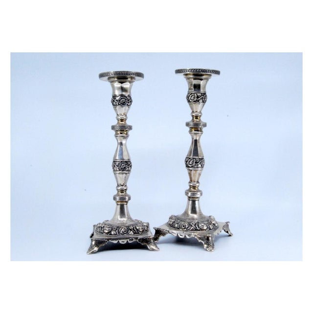 Silver Candlesticks with Turned Stems and Embossed Floral Motifs, Set of 2 For Sale - Image 11 of 12