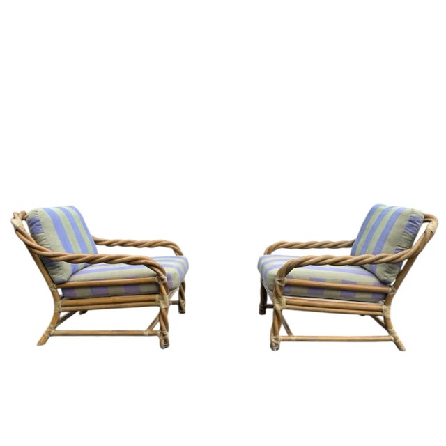Stunning set of lounge chairs from McGuire Furniture Company. Designed by Elinor McGuire, they are handmade of substantial...