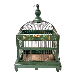 Antique Hand-Painted Green Wood and Wire Birdcage For Sale