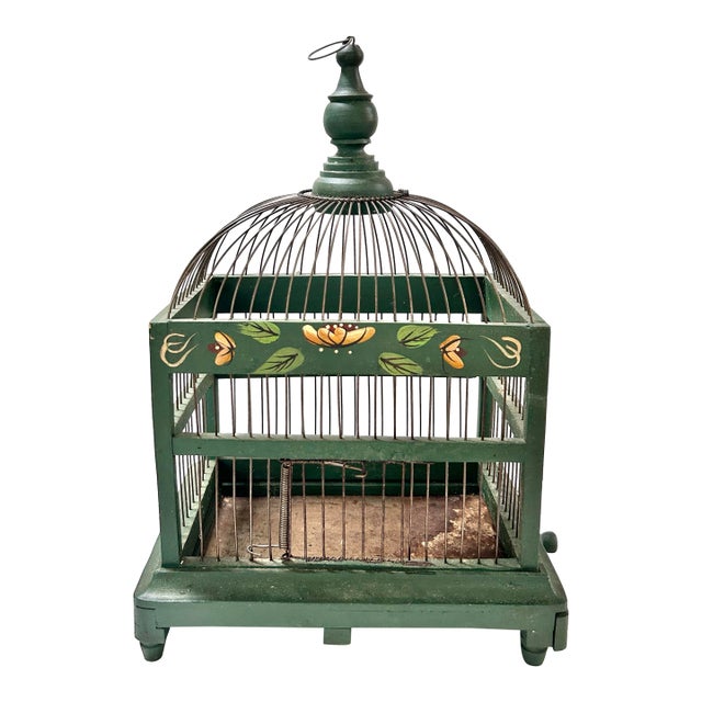 Antique Hand-Painted Green Wood and Wire Birdcage For Sale