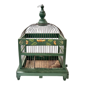 Antique Hand-Painted Green Wood and Wire Birdcage
