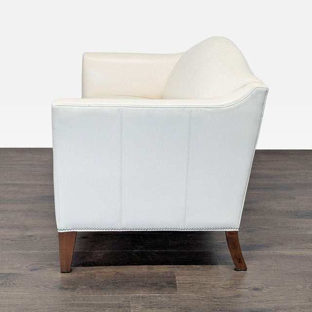Traditional Ethan Allen Cream Leather Loveseat With Wood Legs For Sale - Image 3 of 8