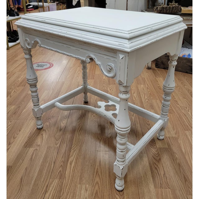 Early 20th century Hardwood Jacobean Console Table With White Distressed Painted Finish. Could also be used as a desk....
