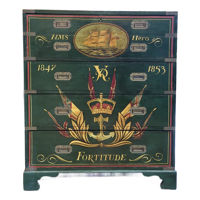 Antique Victorian Naval Campaign Secretary Chest With Hand Painted Maritime Motifs For Sale