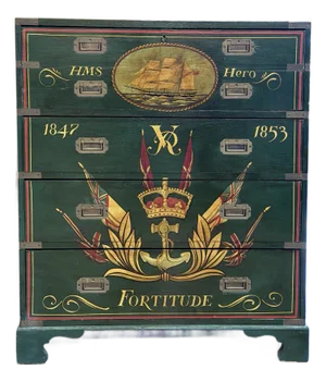 Antique Victorian Naval Campaign Secretary Chest With Hand Painted Maritime Motifs