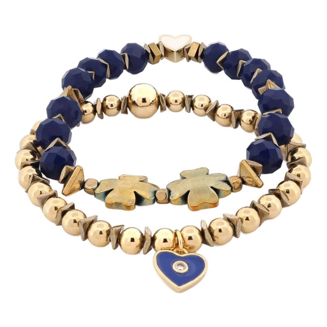 Deep Love Blue Crystal & Heart Charm Gold Bracelet Set For Sale
