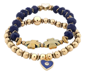 Deep Love Blue Crystal & Heart Charm Gold Bracelet Set