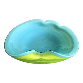 Alfredo Barbini Aqua and Chartreuse Murano Glass Bowl For Sale