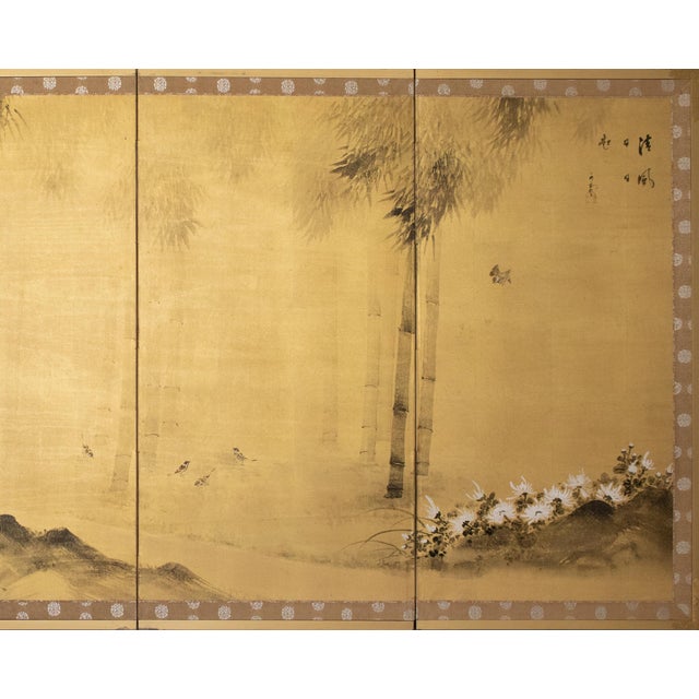 Japanese 1970s Shōwa Era Japanese Byobu Screen, "Sparrows at Bamboo Forest" For Sale - Image 3 of 18