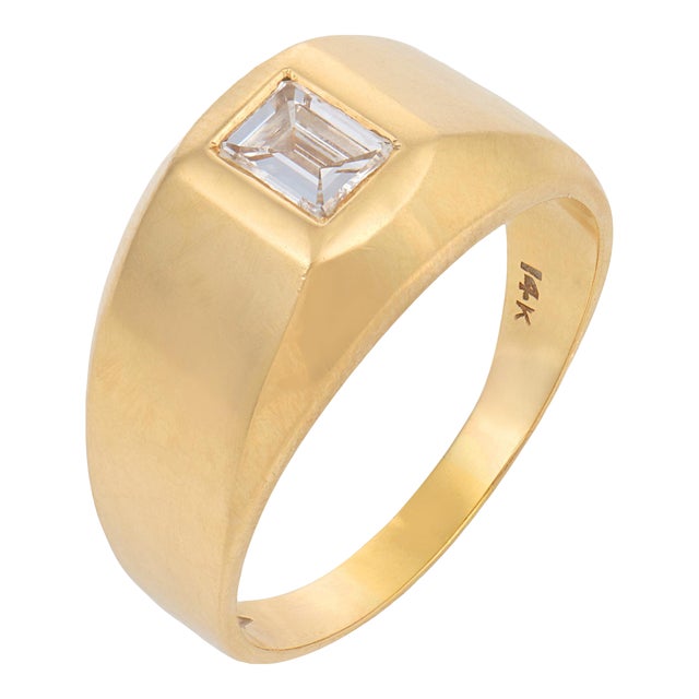 Vintage Emerald Cut Diamond 14k Yellow Gold Bezel Ring, Size 9.5 For Sale