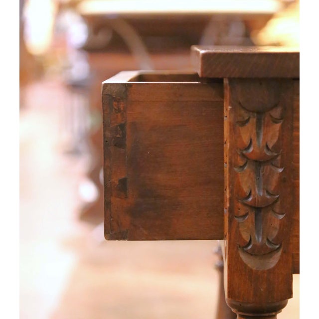 Brown Mid-Century French Louis XIII Style Carved Oak Side Table With Drawer For Sale - Image 8 of 15