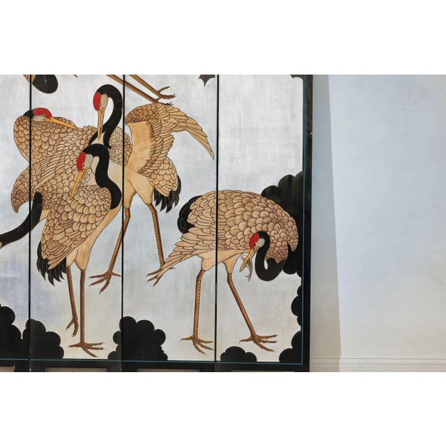 Vintage Chinese Four-Panel Screen with Silver Ground and Hand-Painted Cranes For Sale - Image 9 of 12