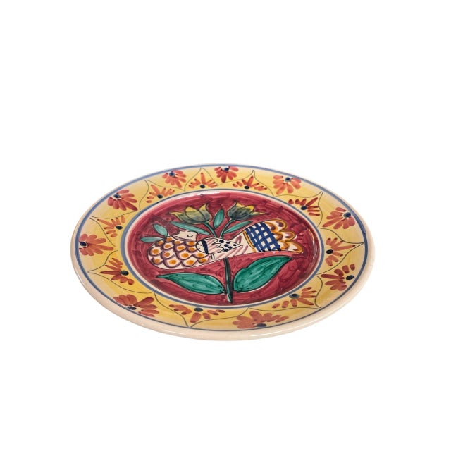 2000 - 2009 Vintage Hand-Painted Mediterranean Terracotta Wall Accent Plate With Bird & Tulip Motif For Sale - Image 5 of 11
