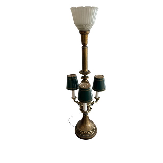 Metal Vintage Brass Torchiere and Candelabra Table Lamp with Green Shades For Sale - Image 7 of 7