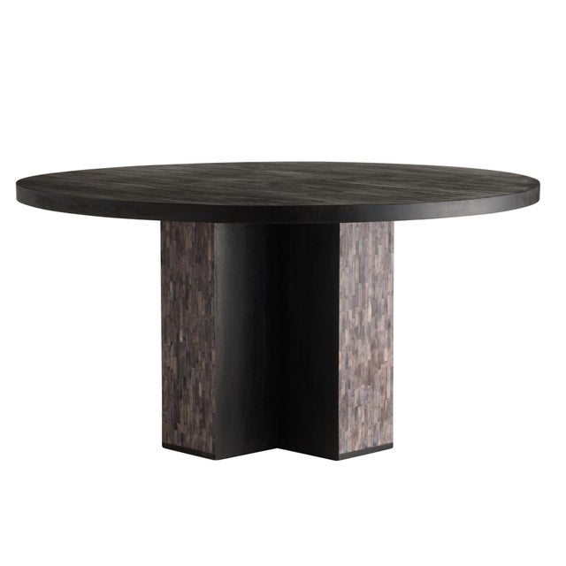 Crafted from mango wood in an ebony finish, this 60-inch dining table features a carefully inlaid network of gray bone...