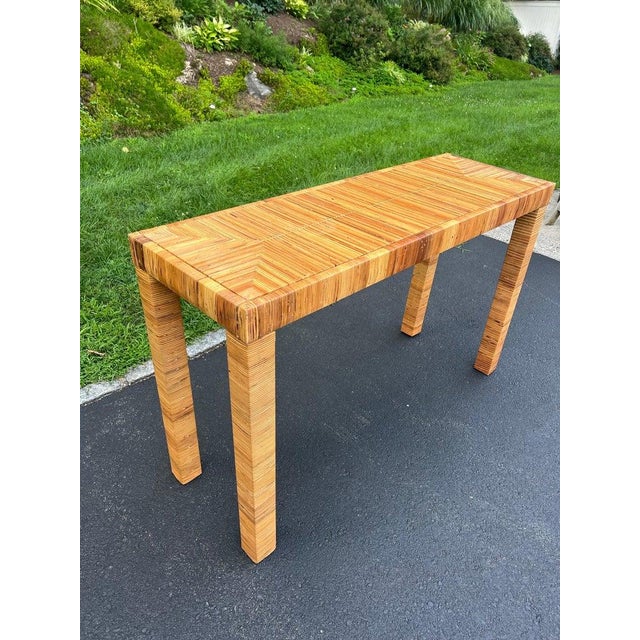 Tan Billy Baldwin Style Wrapped Wicker Console Table With Minimalist Design For Sale - Image 8 of 18