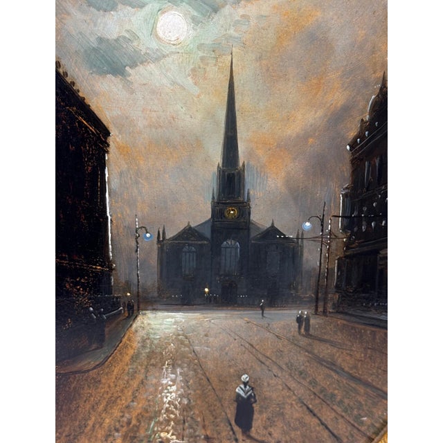 Walter Linsley Meegan (1859–1944) Trinity Church, Liverpool by Night Victorian Oil on Board, Circa 1890 Subject & Medium A...