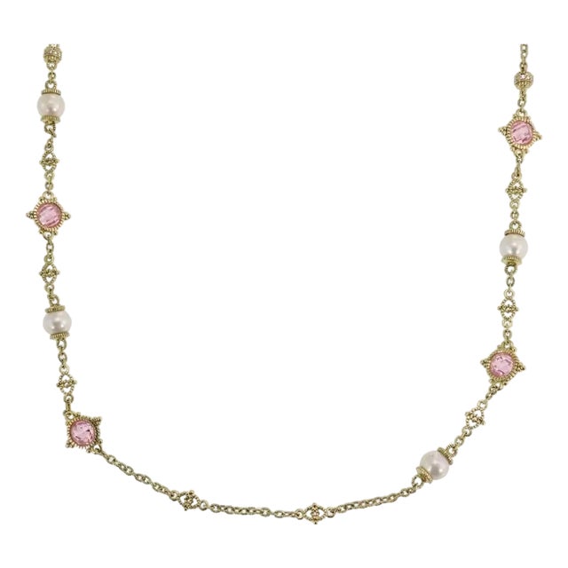 Judith Ripka Diamond Pearls Pink Crystal 18k Yellow Gold Long Necklace For Sale