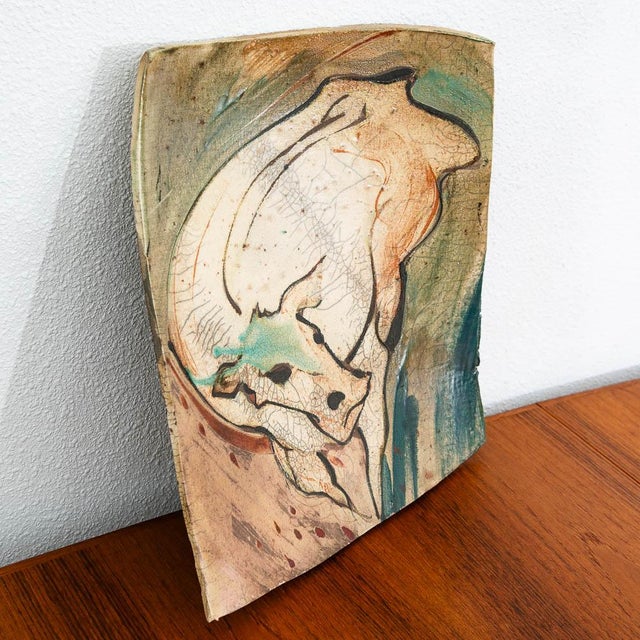 Mid-Century Modern Mid Century Modern Art Pottery Tray Bull Cow Art Ceramic Decorative Raku Fired For Sale - Image 3 of 11