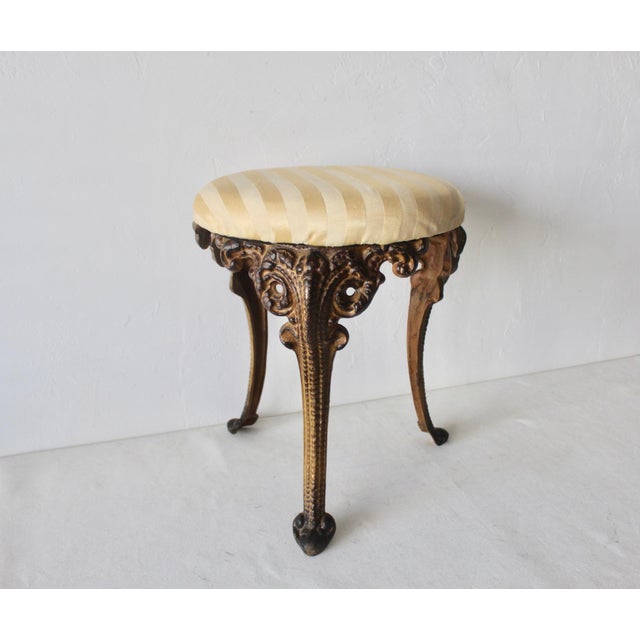 Cream Mid 20th Century Victorian Style Cast Iron Upholstered Stool Vintage Mid-Century For Sale - Image 8 of 12