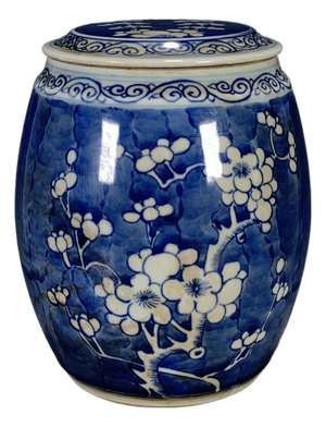 1950s Blue and White Porcelain Lidded Jar, Reserved Plum Branch Decoration