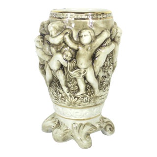 1950s R. Capodimonte Large Italian Vase With Putti or Cherub Relief Sepia With Gold Detail For Sale