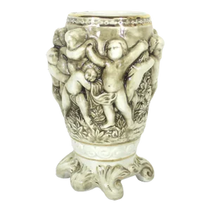 1950s R. Capodimonte Large Italian Vase With Putti or Cherub Relief Sepia With Gold Detail