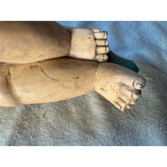 19th Century Large Polychrome Italian Wooden Carved Putto Angel For Sale - Image 12 of 14