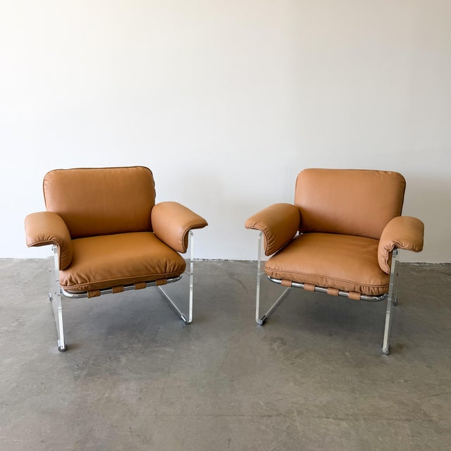 Vintage 1970s Pace Collection Argenta lounge chairs featuring polished chrome frames, thick Lucite accents, and original...