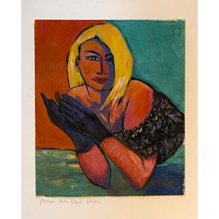 Contemporary Expressionistic Female Portrait in Bright Colors 16x20 Titled “Woman With Black Gloves’’ With Bright Fauvist Colors For Sale