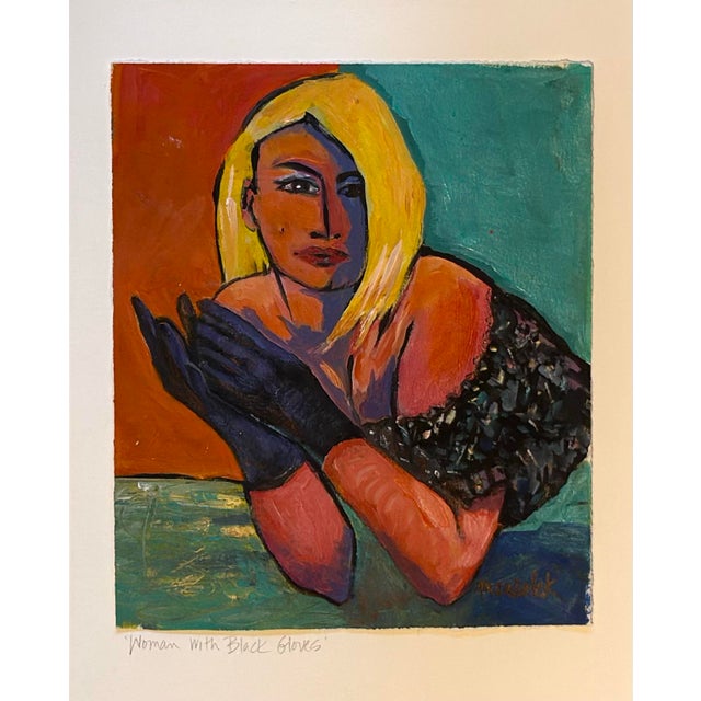 Contemporary Expressionistic Female Portrait in Bright Colors 16x20 Titled “Woman With Black Gloves’’ With Bright Fauvist Colors For Sale