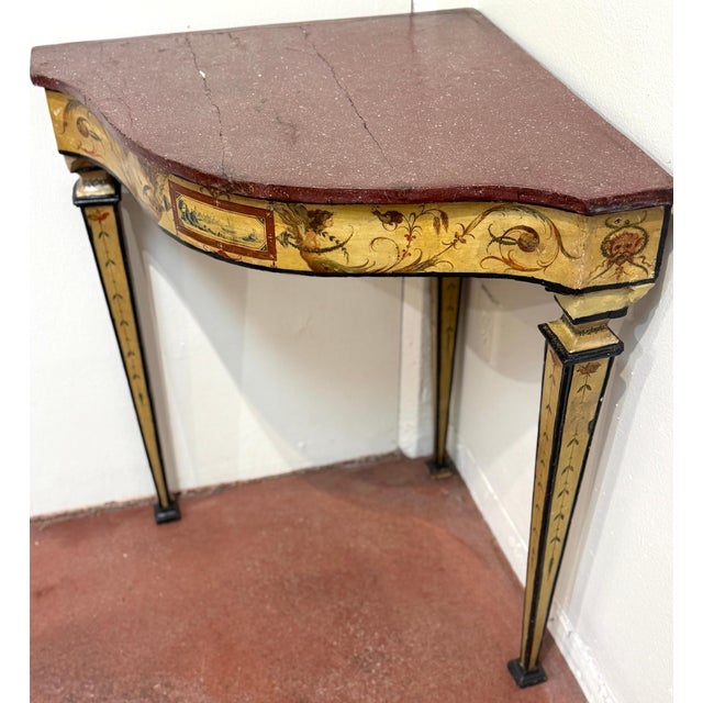 Pair 18th-Century Neapolitan Painted Corner Console Tables, Faux Porphyry Tops For Sale - Image 4 of 18