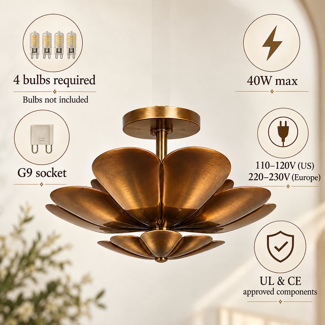 Metal Handmade Brass Lotus Ceiling Light, Floral Scalloped Fixture, Antique Finish For Sale - Image 7 of 10