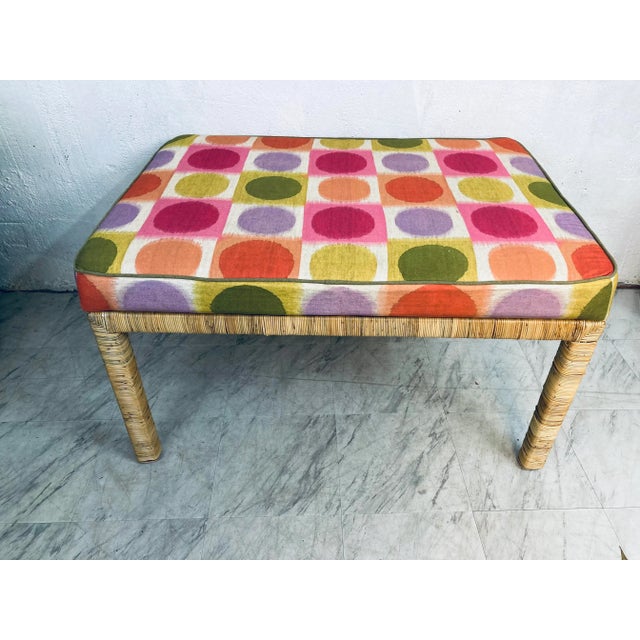 Boho Chic Bielecky Brothers Rattan Wrapped Bench With Custom Cushion For Sale - Image 3 of 12