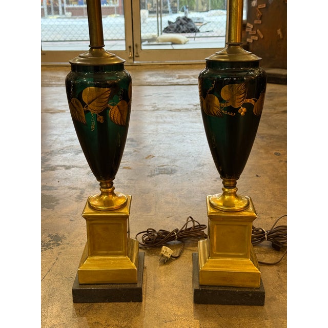 Antique 1920's Restored Italian Green Italian Teal Green Glass Lamp Pair Fine Gilt Leaf Decoration on Marble Base For Sale In Tulsa - Image 6 of 6