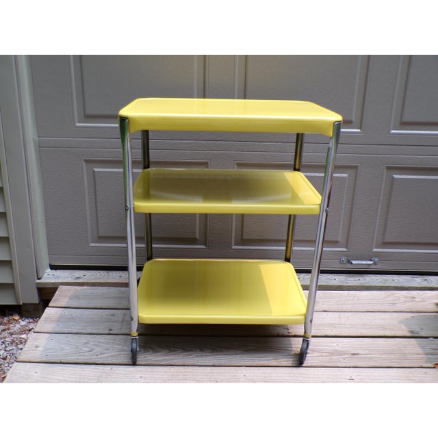 Vintage Industrial Yellow Cosco Chrome Kitchen 3 Shelf Utility Cart With Wheels For Sale - Image 11 of 18