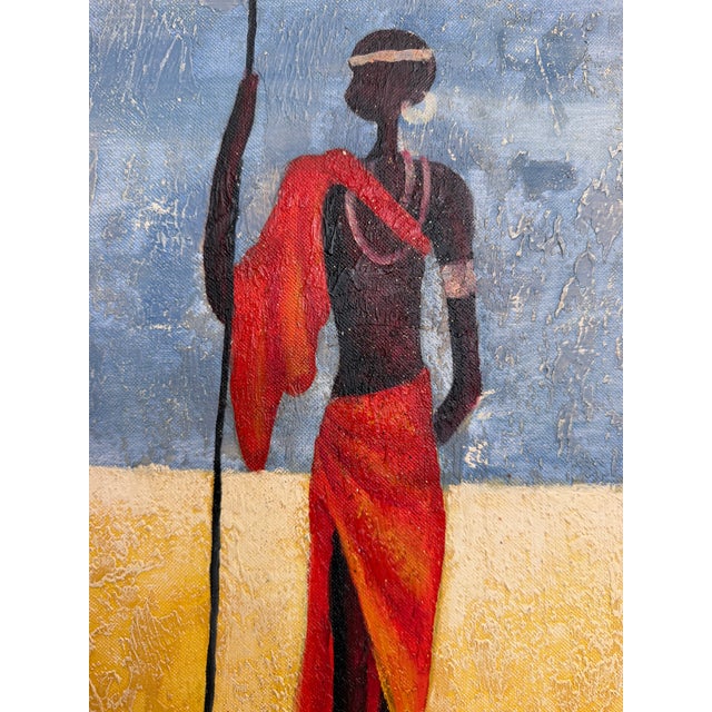 African Tribal Figure Oil Painting Textured Modern Ethnic Wall Art Framed Safari Style Decor 24x18 Canvas For Sale - Image 11 of 12